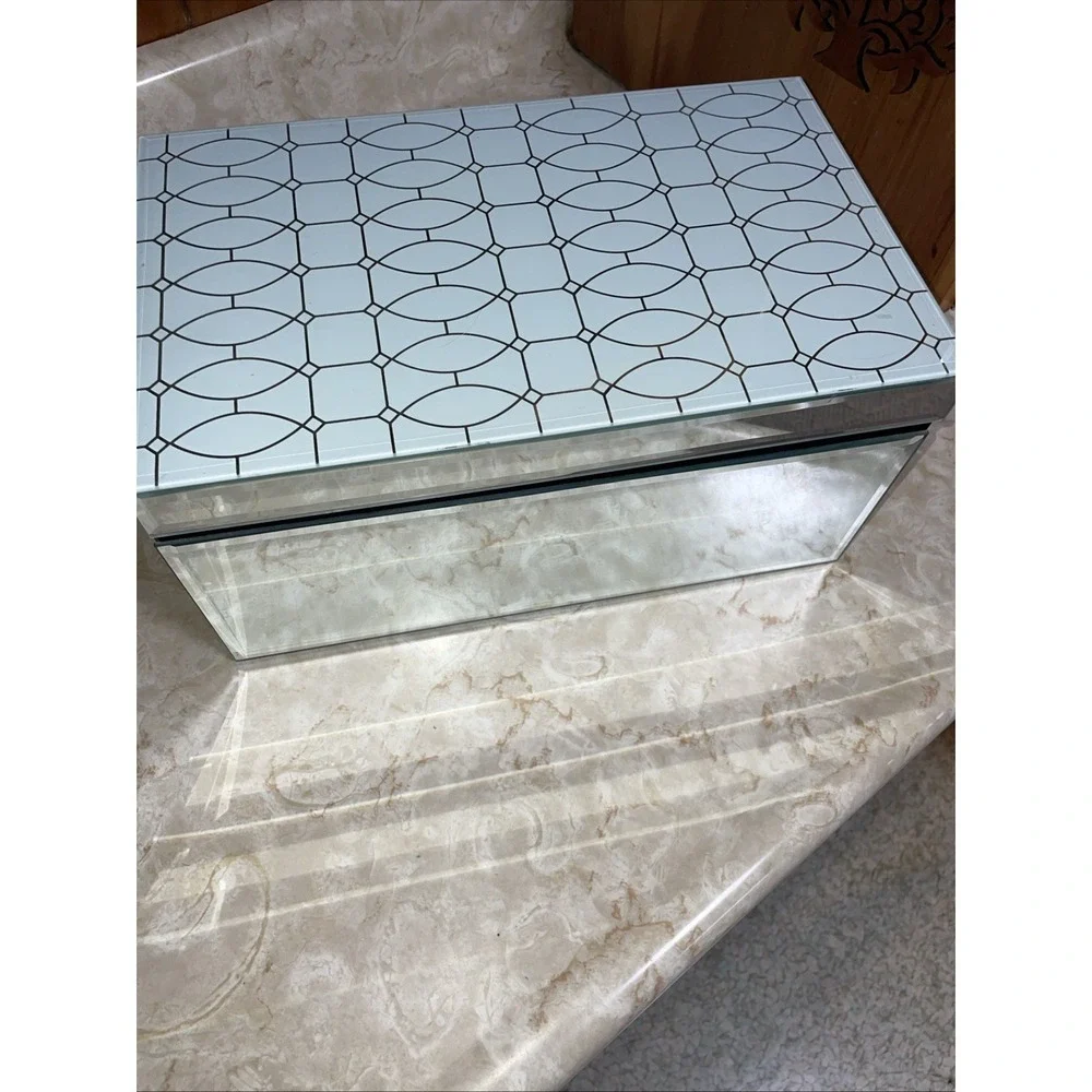 Z Gallery White Glass Mirrored Silver Geometric Pattern Jewelry Box Trinket Case
